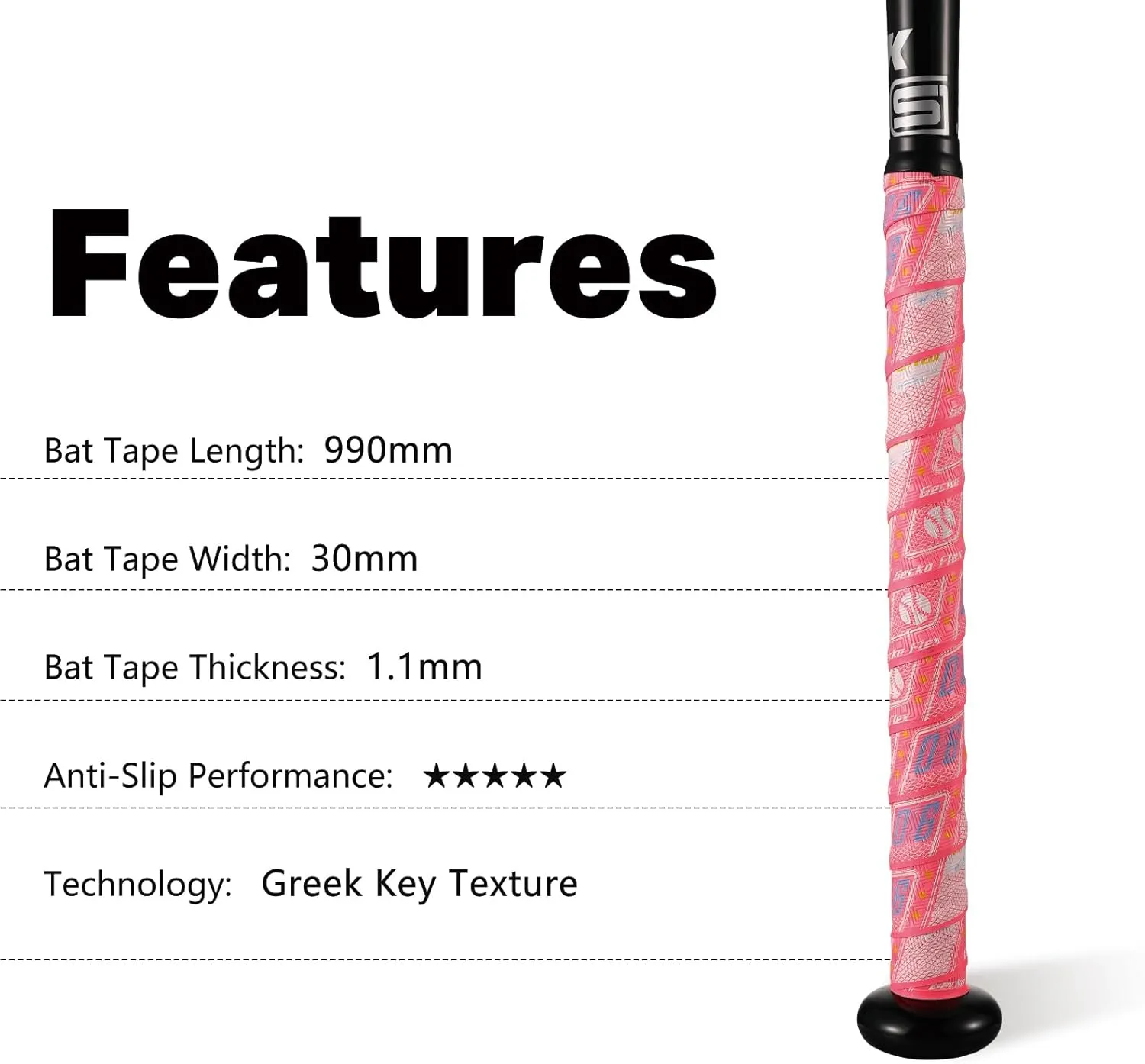 1.1mm Bat Grip Tape, Greek Key Double-Stamping Textured, Baseball & Softball Bat Tape for All-Weather Performance, Non-Slip, Precut for Easy Install