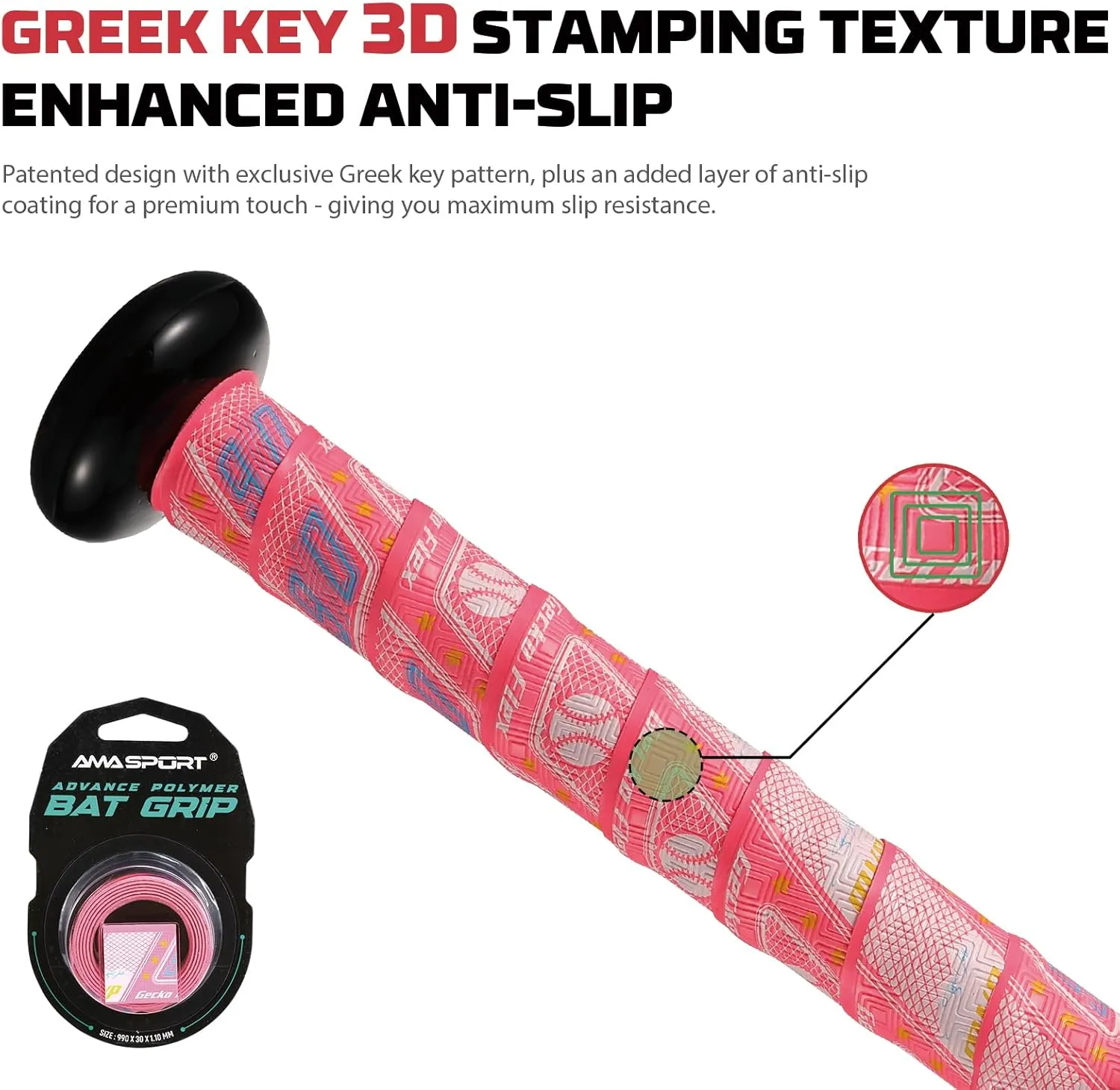 1.1mm Bat Grip Tape, Greek Key Double-Stamping Textured, Baseball & Softball Bat Tape for All-Weather Performance, Non-Slip, Precut for Easy Install