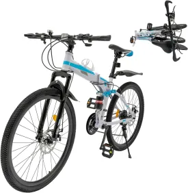 26 Inch Folding Mountain Bike, 21 Speed Dual/Front Suspension Mens Mountain Bike with High Carbon Steel, Non-Slip Quick Release Tire Fork Folding Bicycle for Men Women