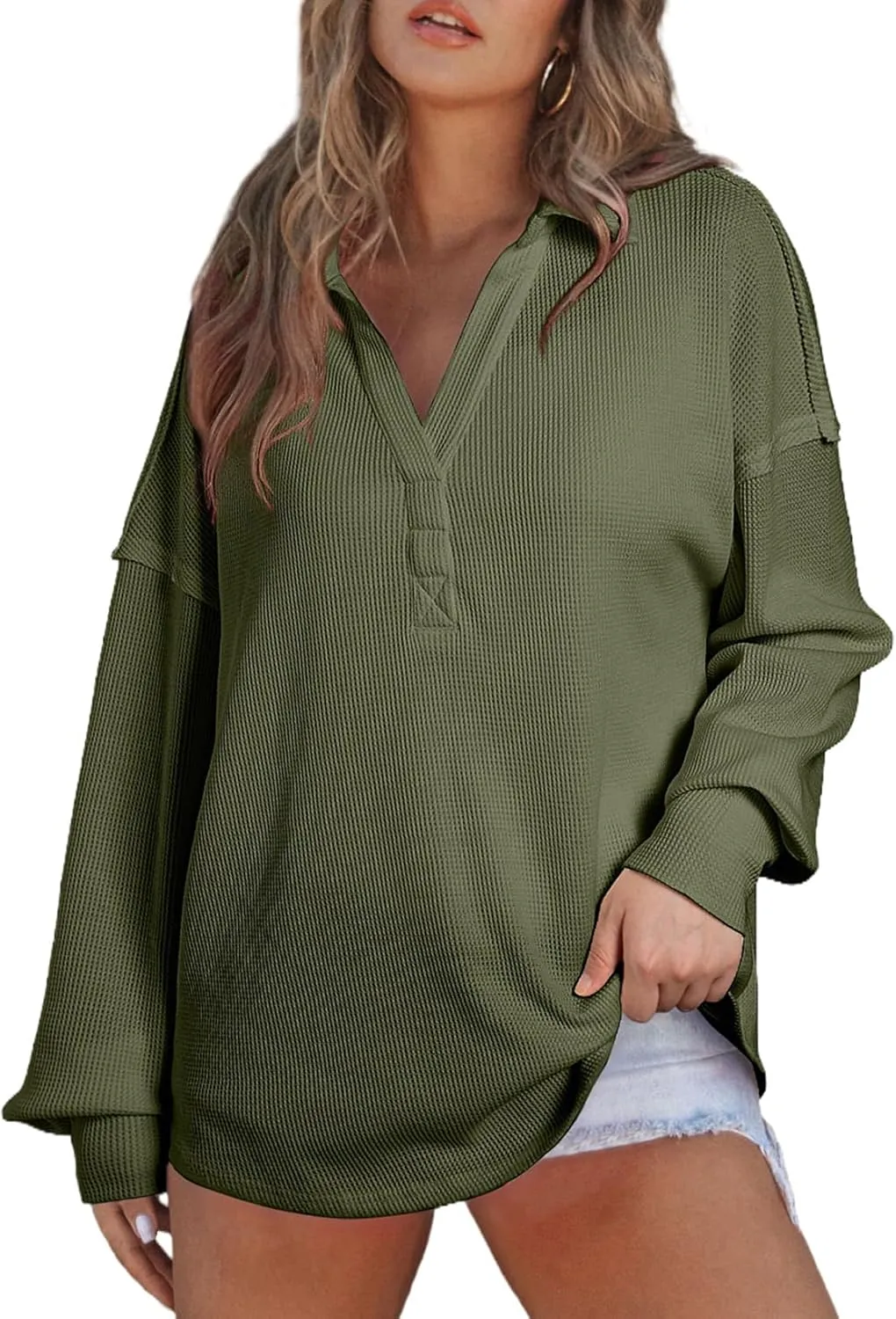 AlvaQ Womens Oversized Sweatshirt Loose V Neck Long Sleeve Lapel Collared Waffle Knit High Low Pullover Tops