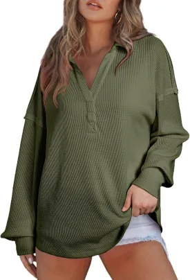 AlvaQ Womens Oversized Sweatshirt Loose V Neck Long Sleeve Lapel Collared Waffle Knit High Low Pullover Tops