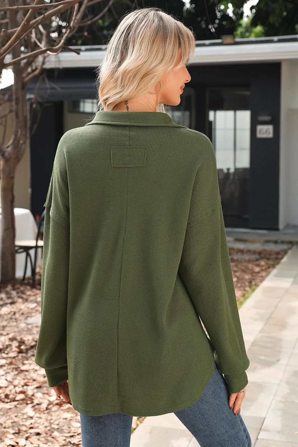 AlvaQ Womens Oversized Sweatshirt Loose V Neck Long Sleeve Lapel Collared Waffle Knit High Low Pullover Tops