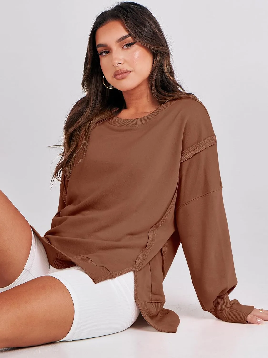 ANRABESS Women's Oversized Sweatshirts Crew Neck Long Sleeve Shirts Casual Loose Slit 2025 Fall Clothes