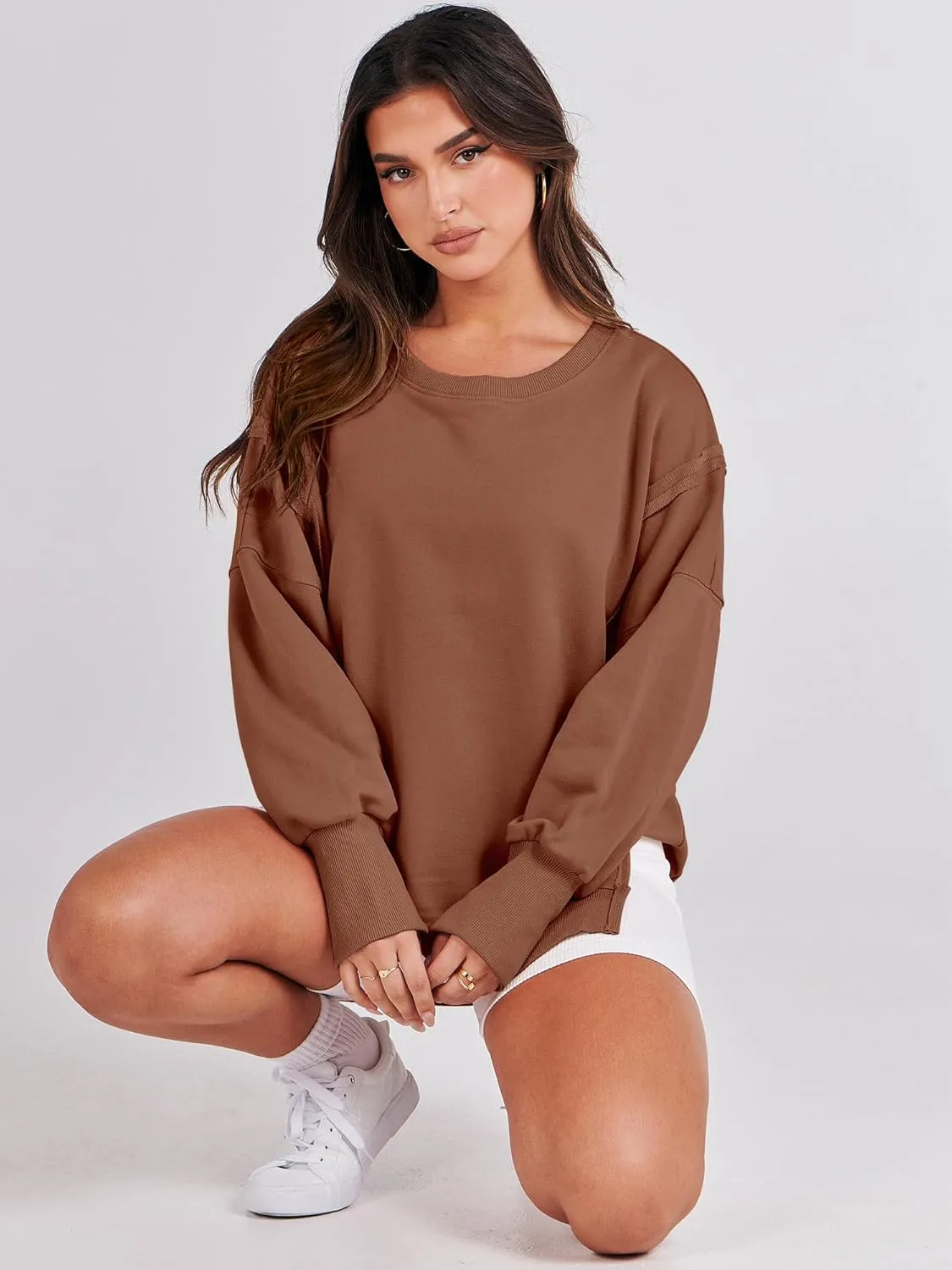 ANRABESS Women's Oversized Sweatshirts Crew Neck Long Sleeve Shirts Casual Loose Slit 2025 Fall Clothes