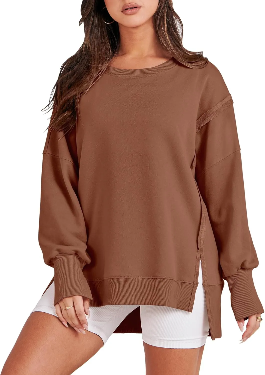 ANRABESS Women's Oversized Sweatshirts Crew Neck Long Sleeve Shirts Casual Loose Slit 2025 Fall Clothes