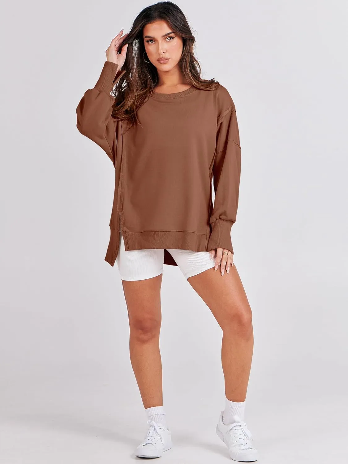 ANRABESS Women's Oversized Sweatshirts Crew Neck Long Sleeve Shirts Casual Loose Slit 2025 Fall Clothes