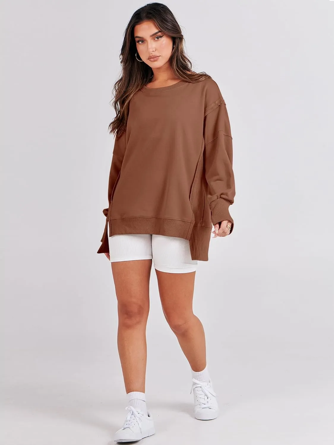 ANRABESS Women's Oversized Sweatshirts Crew Neck Long Sleeve Shirts Casual Loose Slit 2025 Fall Clothes