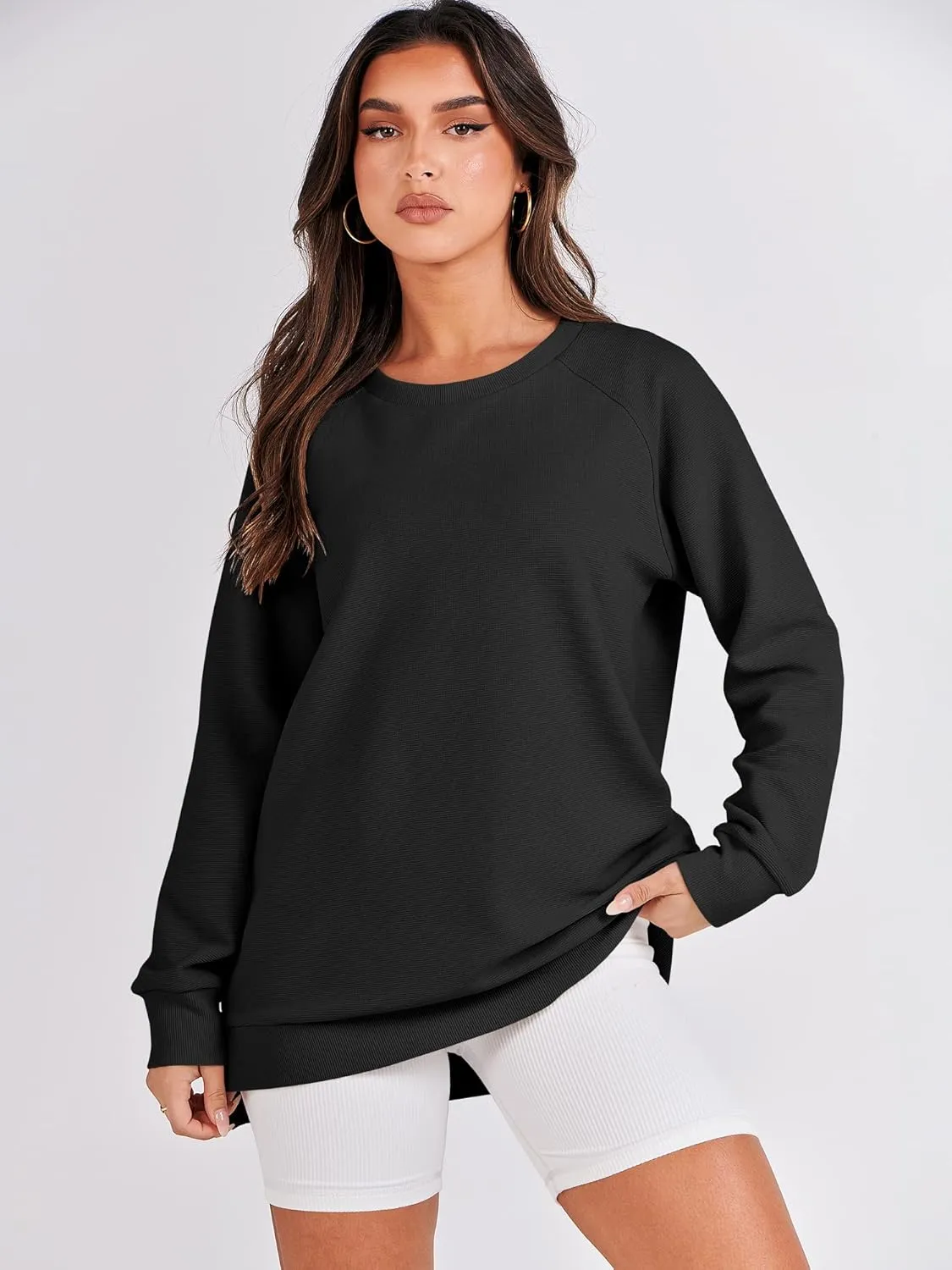 ANRABESS Women's Oversized Sweatshirts Crewneck Long Sleeve Tunic Pullover Shirts Side Zipper Hoodies 2025 Fall Clothes