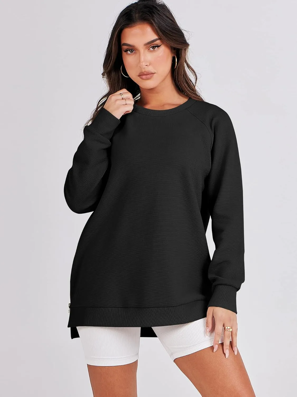 ANRABESS Women's Oversized Sweatshirts Crewneck Long Sleeve Tunic Pullover Shirts Side Zipper Hoodies 2025 Fall Clothes