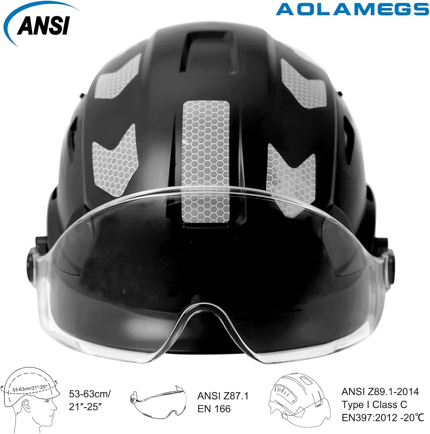 AOLAMEGS Construction Safety Hard Hat - ANSI Z89.1 Type  OSHA Approved Safety Helmets with Chin Straps Lightweight Reflective Vented ABS Hard Hats For Men Women Industrial Workwear 6-point Suspension