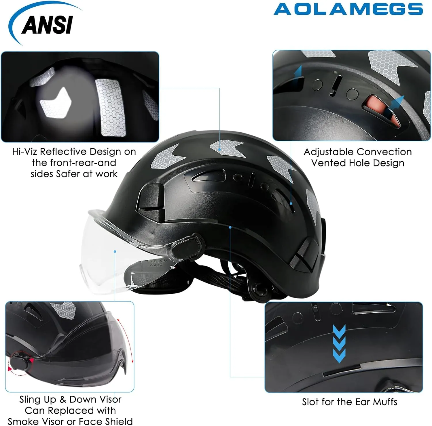 AOLAMEGS Construction Safety Hard Hat - ANSI Z89.1 Type  OSHA Approved Safety Helmets with Chin Straps Lightweight Reflective Vented ABS Hard Hats For Men Women Industrial Workwear 6-point Suspension