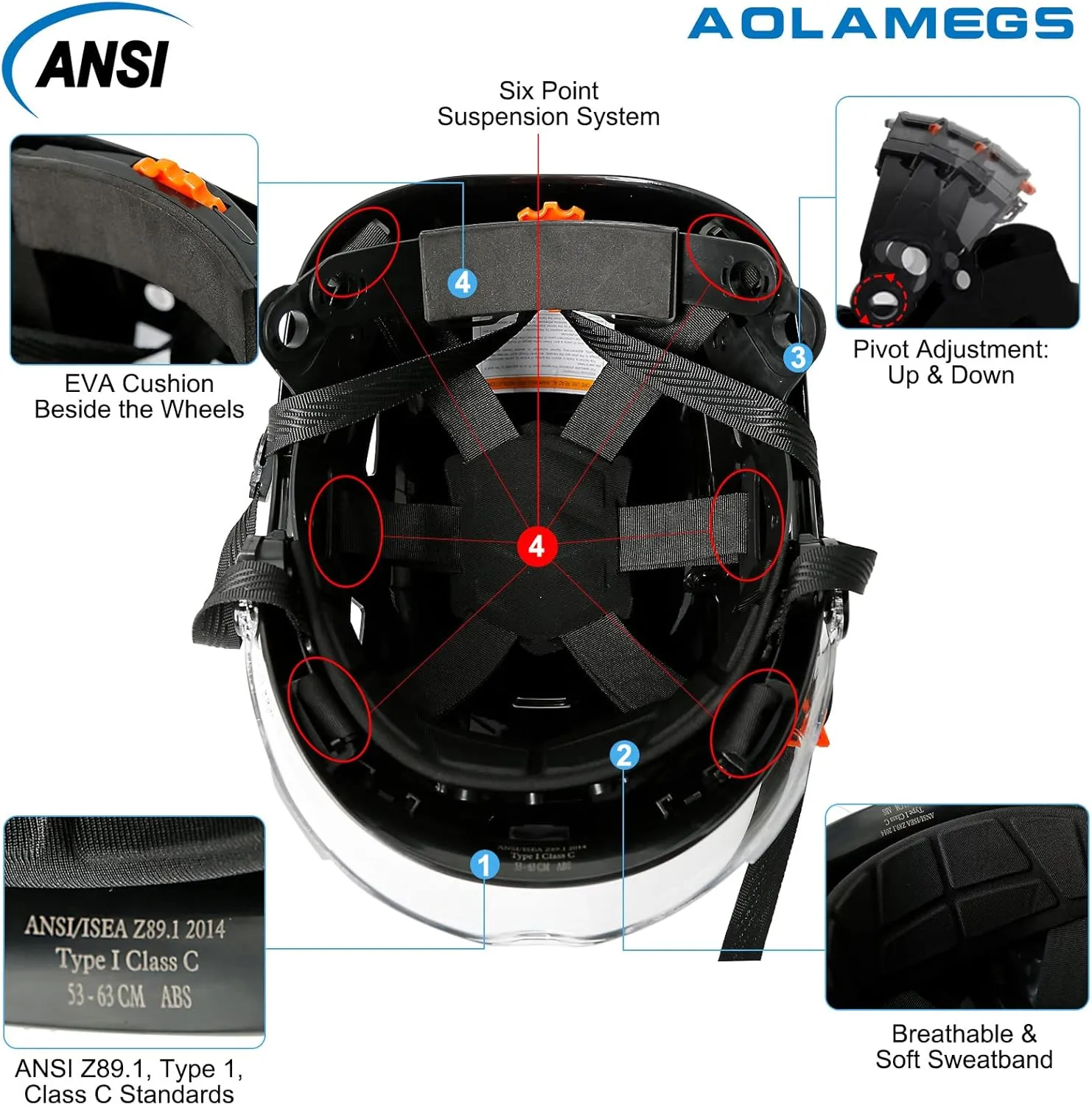 AOLAMEGS Construction Safety Hard Hat - ANSI Z89.1 Type  OSHA Approved Safety Helmets with Chin Straps Lightweight Reflective Vented ABS Hard Hats For Men Women Industrial Workwear 6-point Suspension