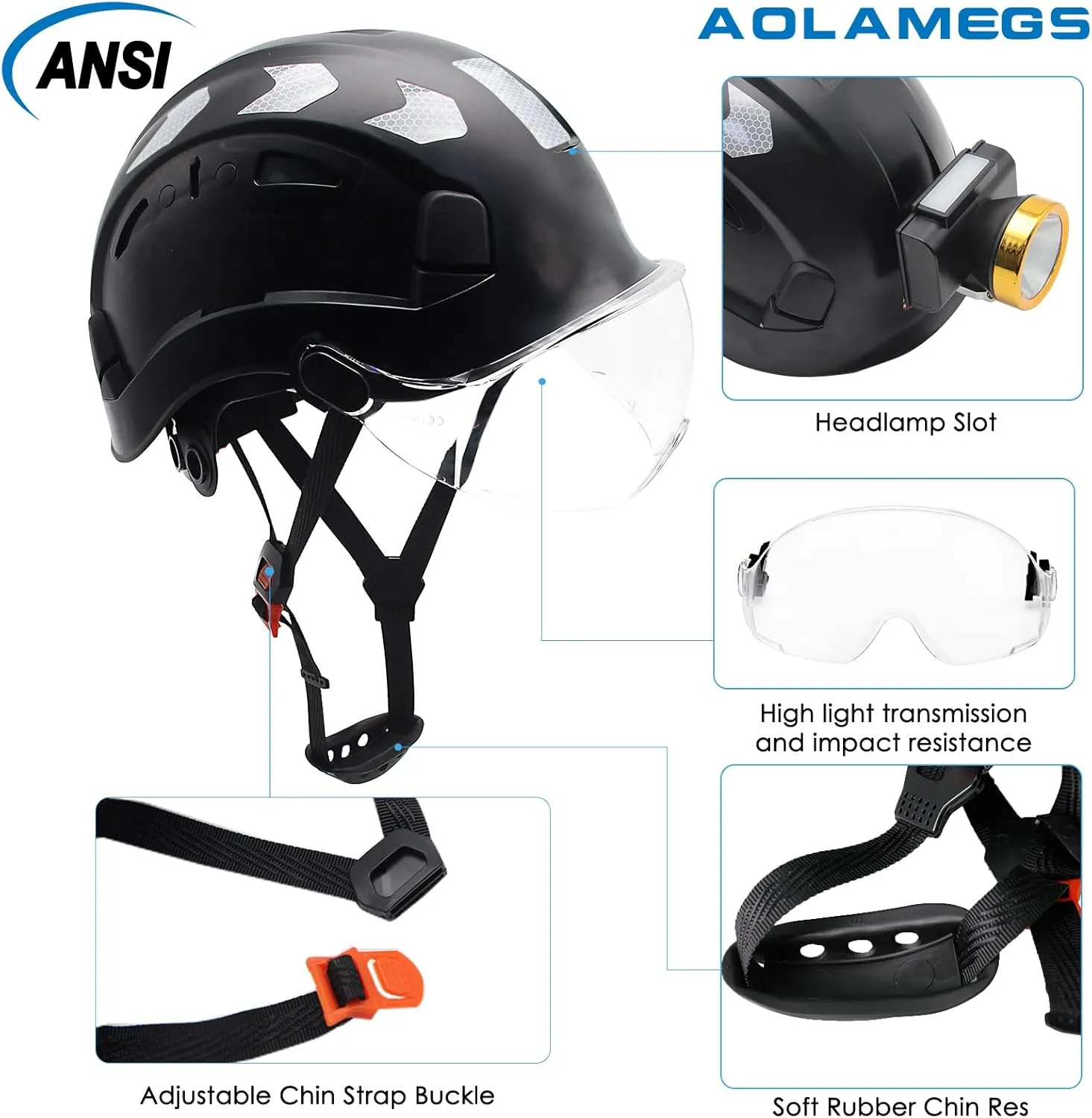 AOLAMEGS Construction Safety Hard Hat - ANSI Z89.1 Type  OSHA Approved Safety Helmets with Chin Straps Lightweight Reflective Vented ABS Hard Hats For Men Women Industrial Workwear 6-point Suspension