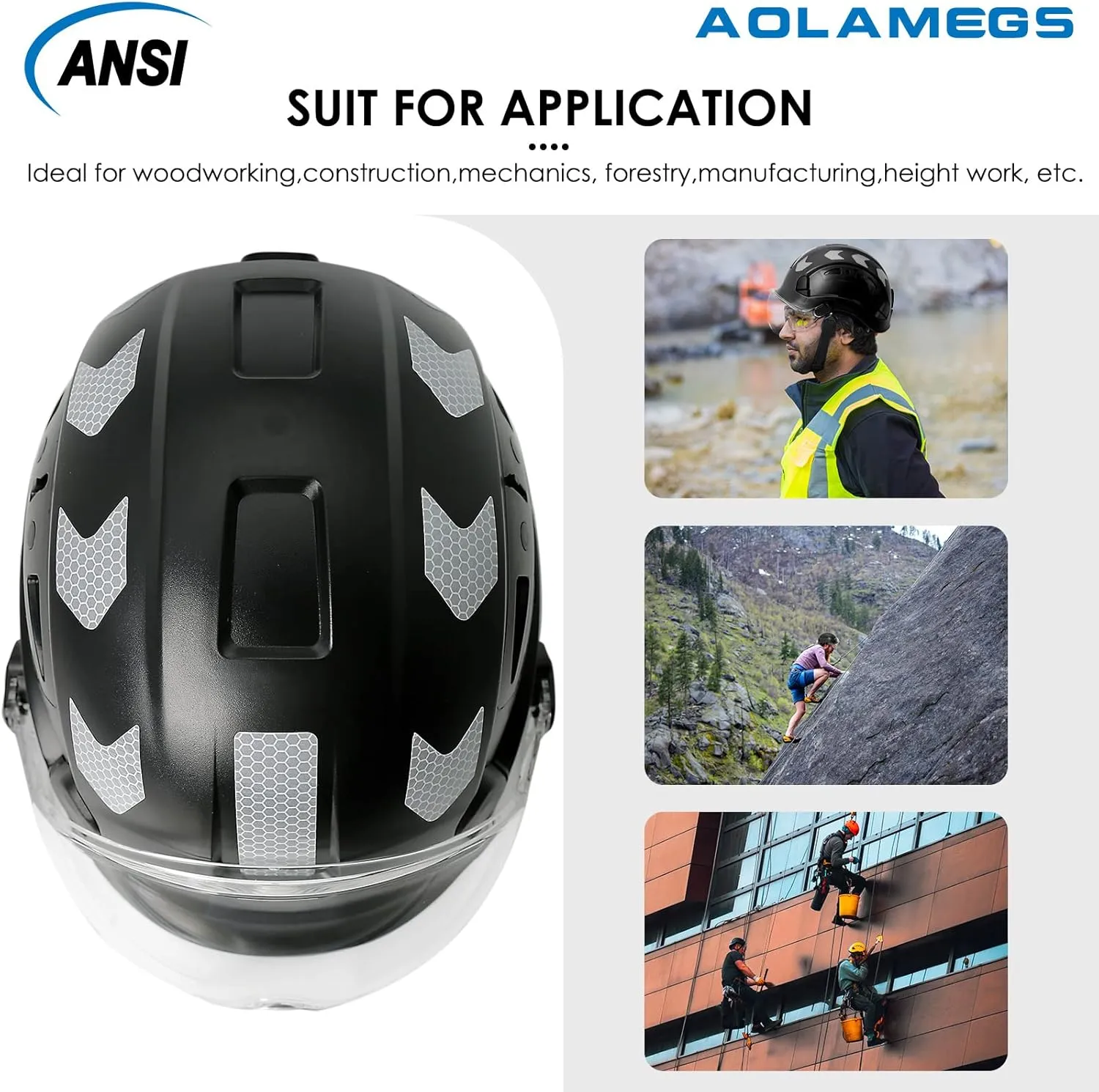 AOLAMEGS Construction Safety Hard Hat - ANSI Z89.1 Type  OSHA Approved Safety Helmets with Chin Straps Lightweight Reflective Vented ABS Hard Hats For Men Women Industrial Workwear 6-point Suspension