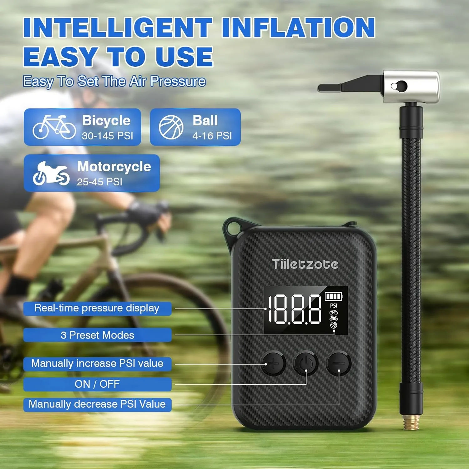 Electric Mini Bike Pump 130 PSI, Portable Bike Tire Pump with Gauge, Rechargeable Tiny Bicycle Inflator, Auto-shutoff Air Pump for Mountain/City/Road Bike with Presta & Schrader Valve