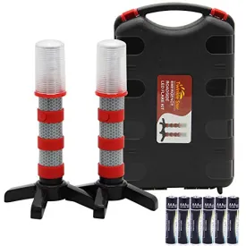 Emergency Roadside Flares Kit LED Safety Strobe Road Warning Light Highway Beacon Alert Flare with Magnetic Base, Detachable Stand, Solid Storage Case - 2 Pack