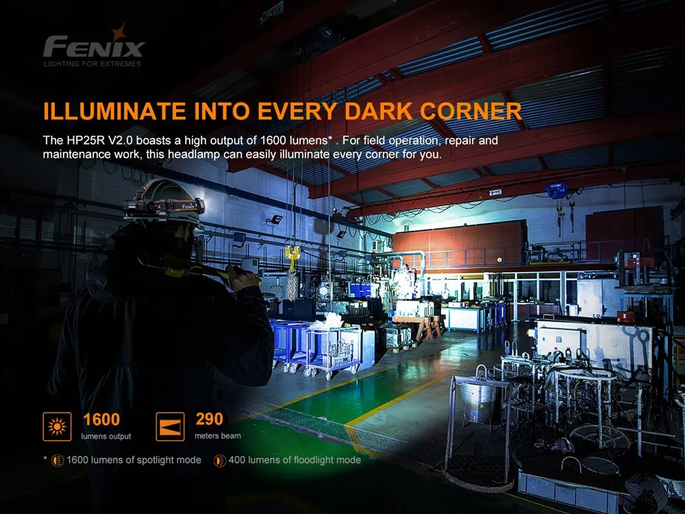 Fenix HP25R V2.0 1600 Lumen Rechargeable Headlamp with Floodlight and Red Light