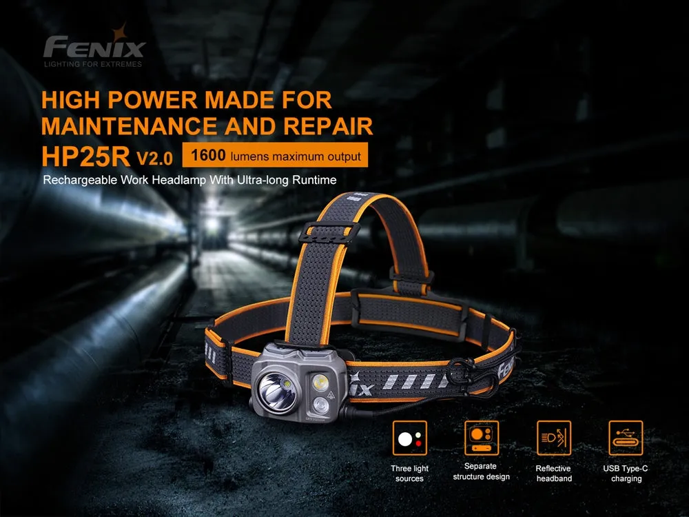 Fenix HP25R V2.0 1600 Lumen Rechargeable Headlamp with Floodlight and Red Light