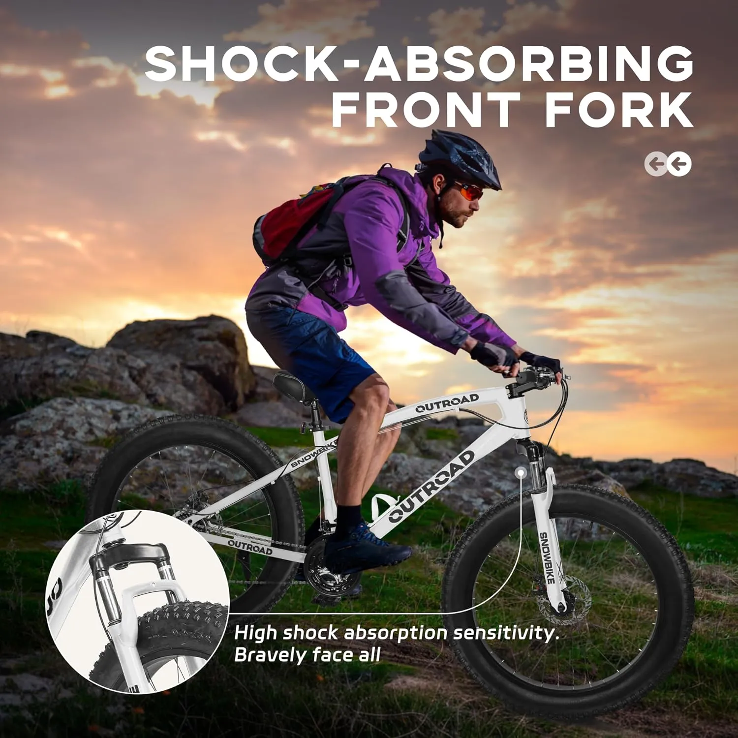 Outroad Fat Tire Mountain Bike with 26 inch Wheels, 21 Speed with High Carbon Steel Frame, Double Disc Brake and Front Suspension Anti-Slip Bikes