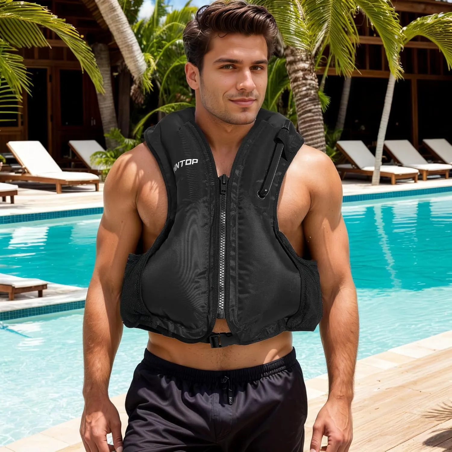 Owntop Inflatable Snorkel Vest for Adult Snorkeling Vests for Men Women Water Sport Swim Vest for Snorkeling, Kayaking, Swimming, Paddleboarding, Portable Swim Jacket with Pockets