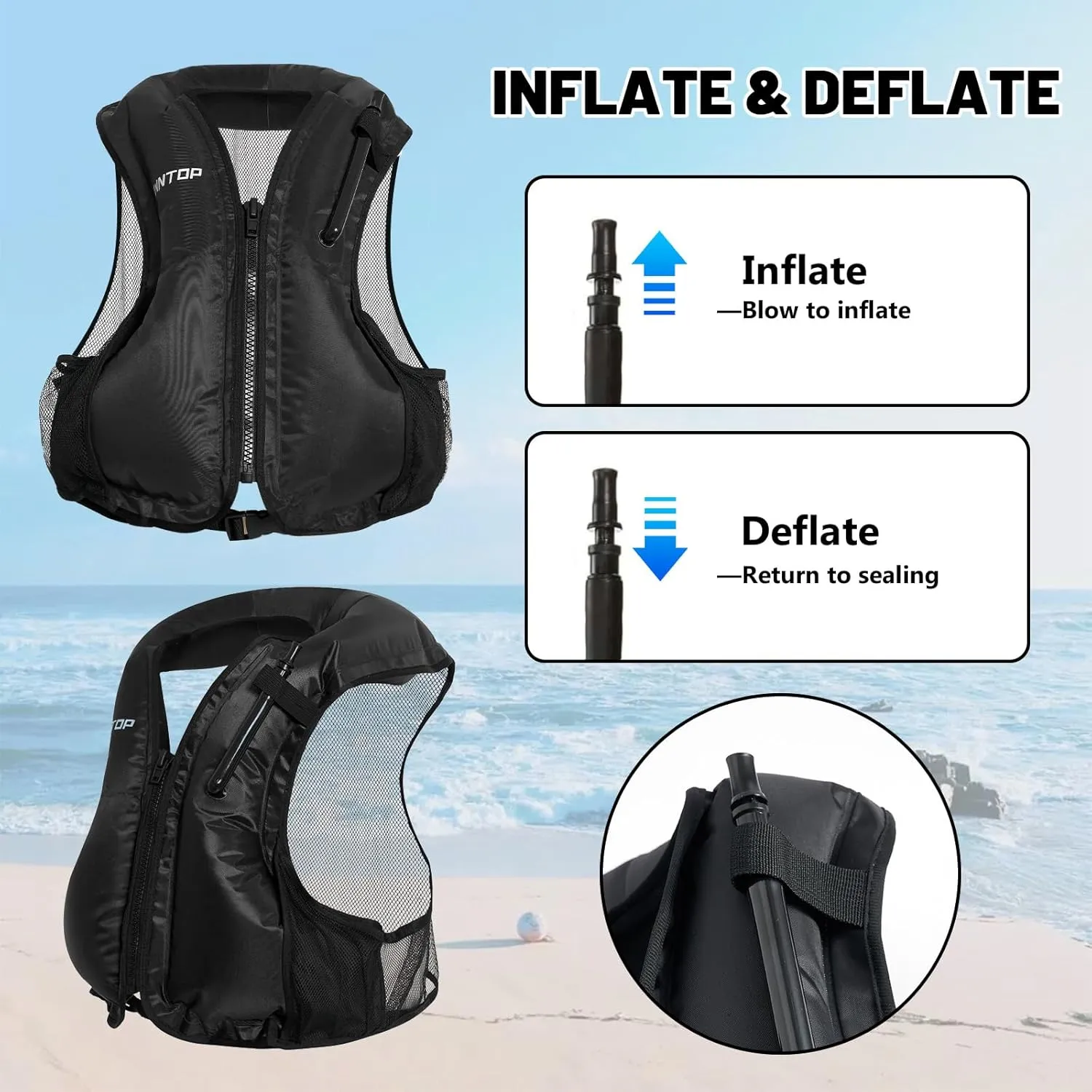 Owntop Inflatable Snorkel Vest for Adult Snorkeling Vests for Men Women Water Sport Swim Vest for Snorkeling, Kayaking, Swimming, Paddleboarding, Portable Swim Jacket with Pockets