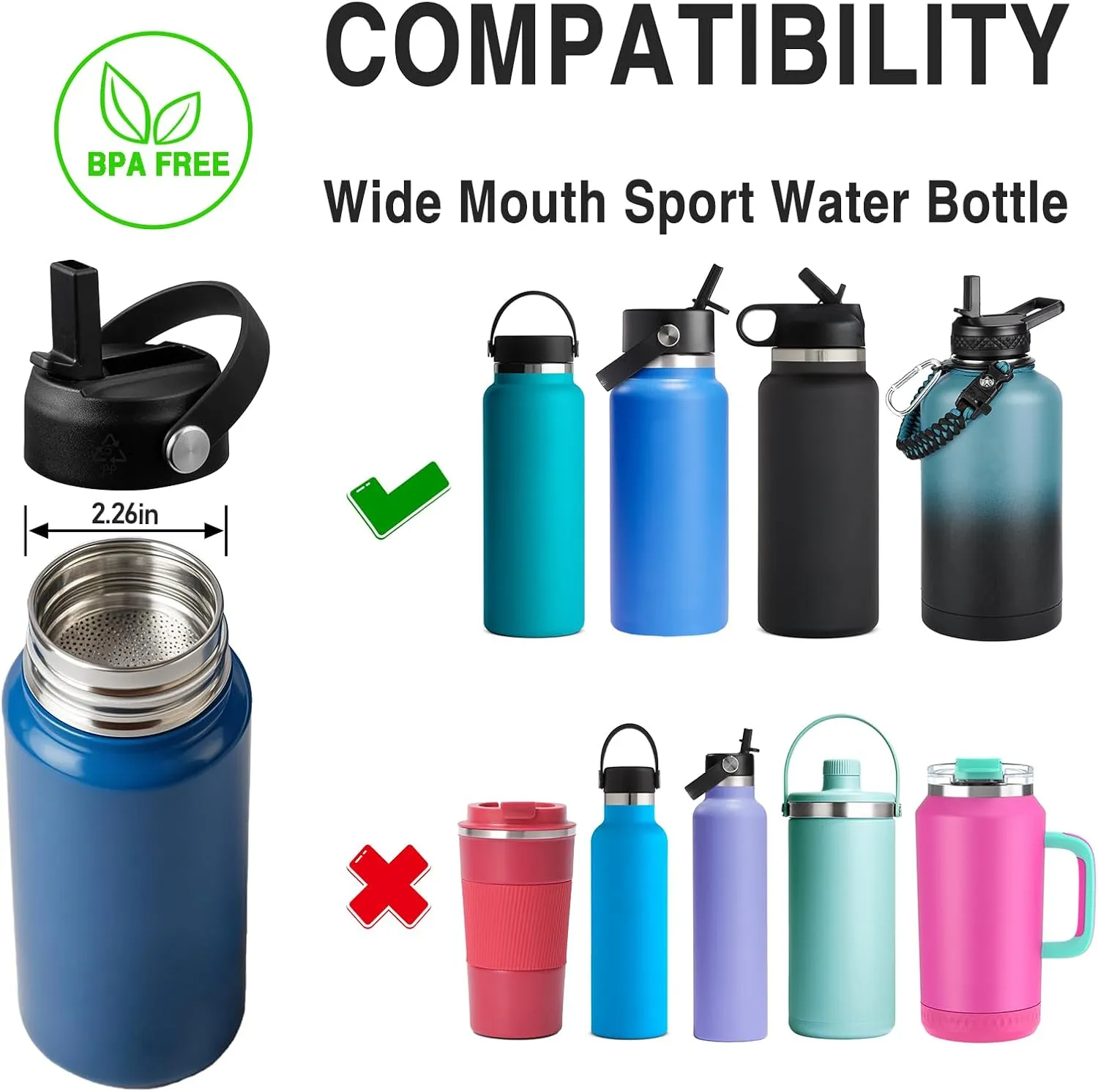 Straw Lid for Hydro Flask, Lids with Straw Compatible with Hydro Flask Wide Mouth 12/18/20/32/40 oz Water Bottles, Leak-Proof Drinking Cap with Replacement Straw, Durable Sport Bottle Lid Accessories