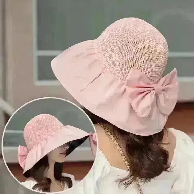 Summer Straw Sunhat With Large Brim And Big Bow Anti-UV Fisherman Hat Outdoor Sunshade And Face Protection Hat