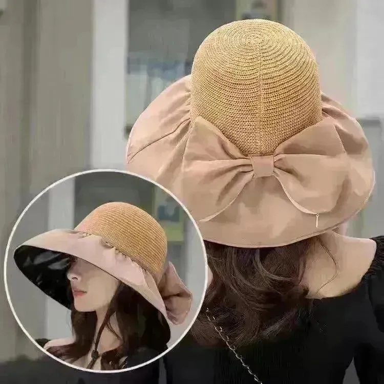 Summer Straw Sunhat With Large Brim And Big Bow Anti-UV Fisherman Hat Outdoor Sunshade And Face Protection Hat