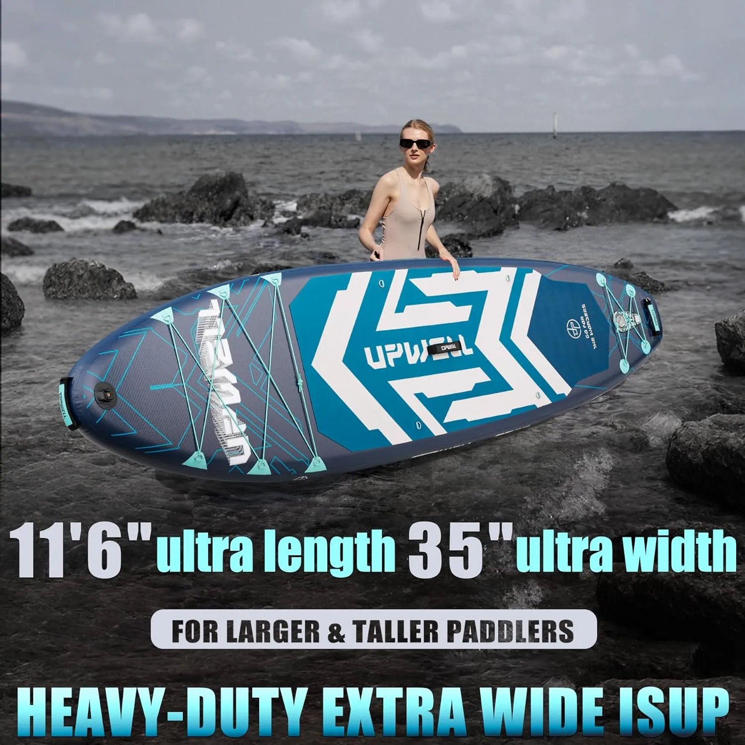 UPWELL 11'6"35" Extra Wide Inflatable Paddle Board, Stand Up Paddle Board for Youth & Adults, Stable Design, Premium SUP Accessories, 120L Backpack, 10L Dry Bag, Paddle, Leash, Hand Pump, US Fins