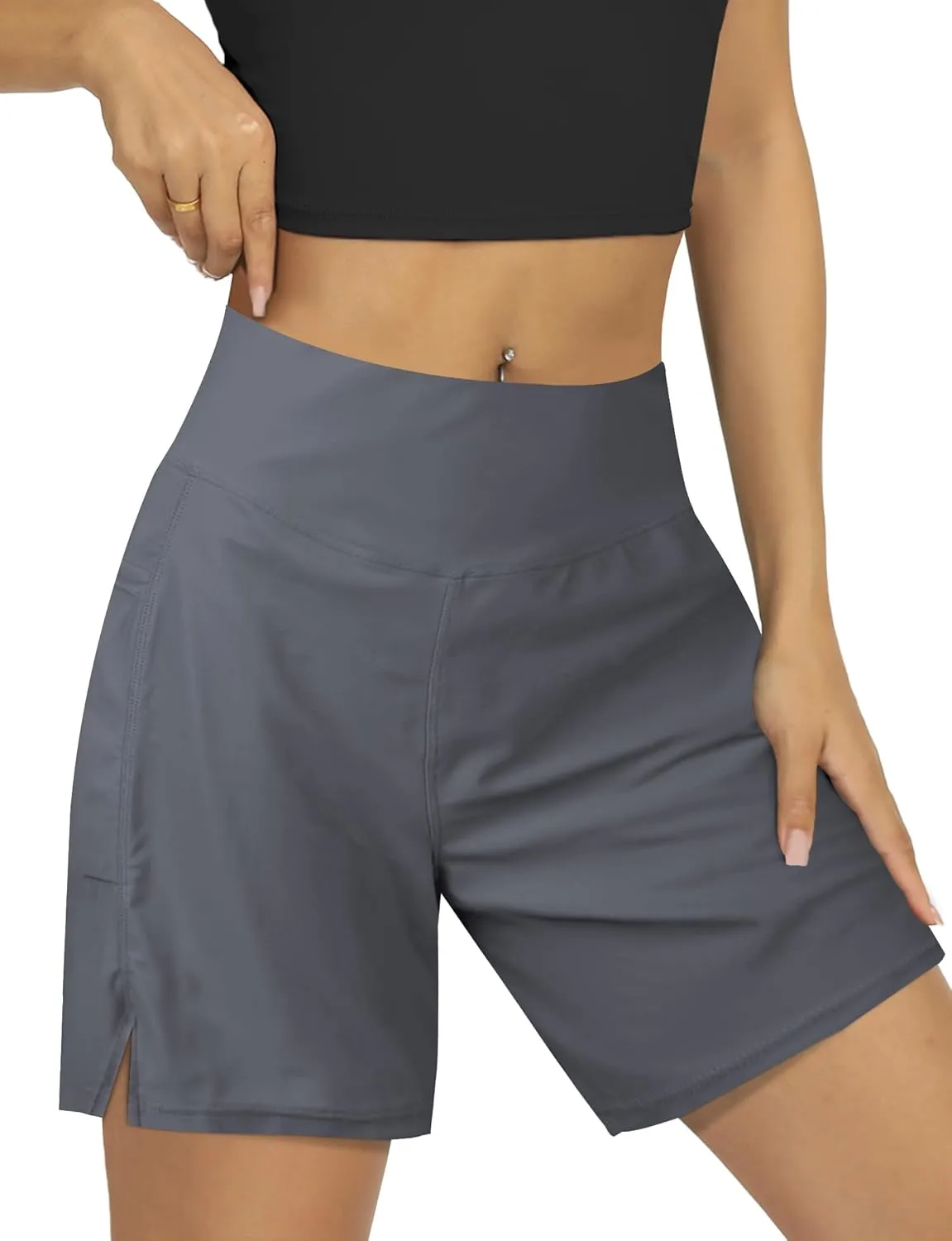 Women's 4" High-Waisted Swim Board Shorts with Liner and Pockets  Quick-Dry Beach & Swimming Shorts