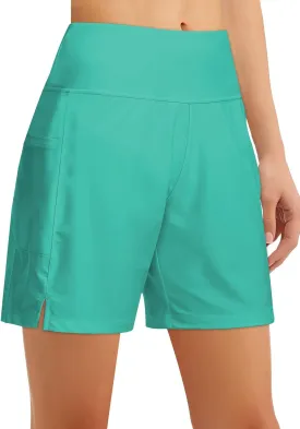 Women's 4" High-Waisted Swim Board Shorts with Liner and Pockets  Quick-Dry Beach & Swimming Shorts