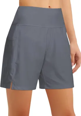 Women's 4" High-Waisted Swim Board Shorts with Liner and Pockets  Quick-Dry Beach & Swimming Shorts