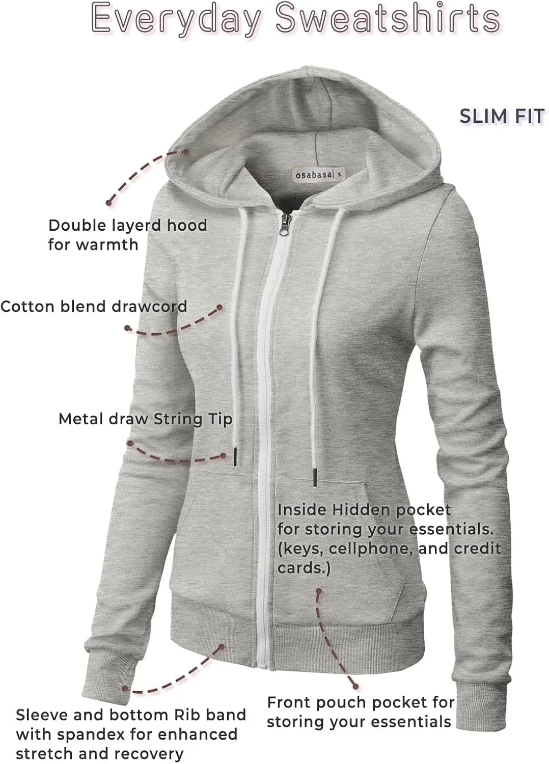 Women's Slim Fit Zip Up Hoodie Lightweight Long Sleeve Kangaroo Pocket Basic Casual wear